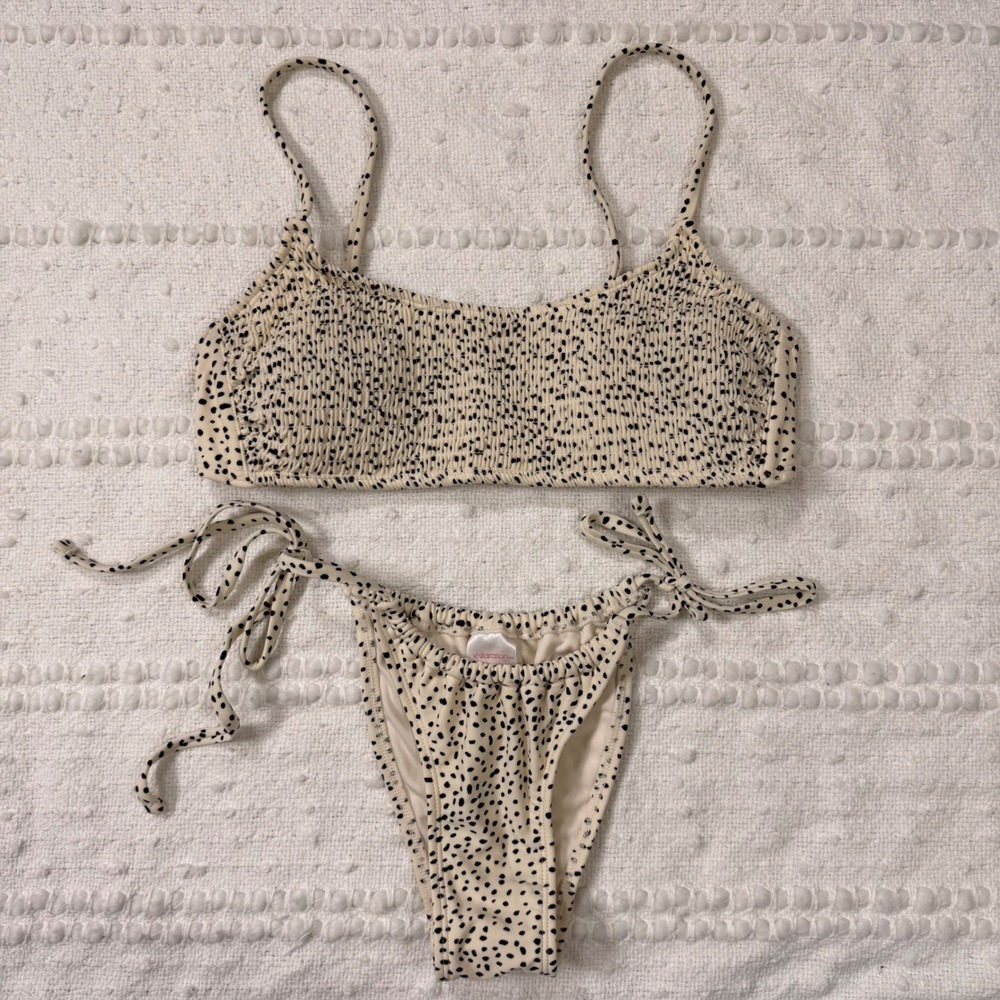 Xhilaration Dalmatian Print Smocked Bikini Set Cream Black Top L Bottom XS & L